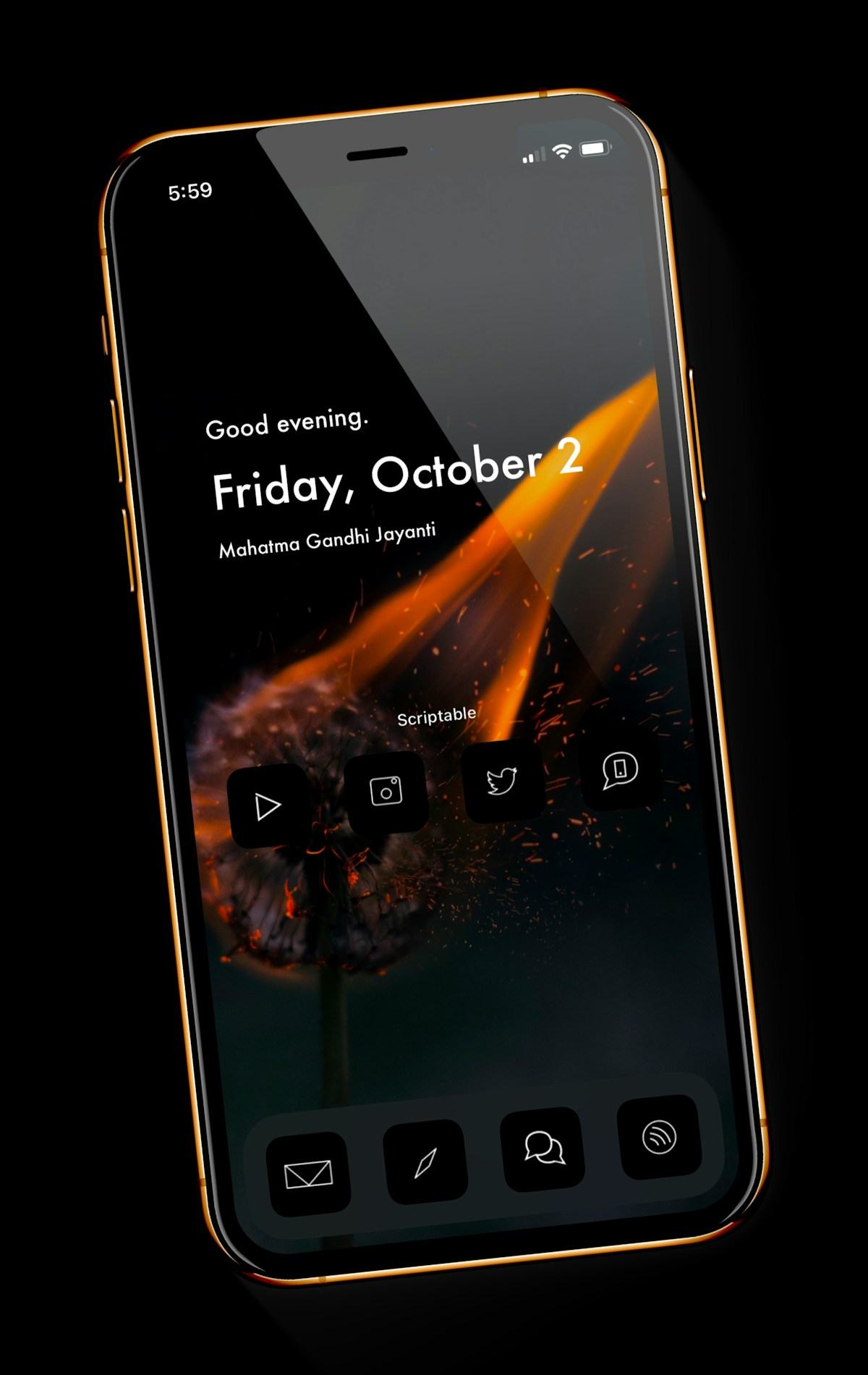 A smartphone home screen with app shortcuts and widgets