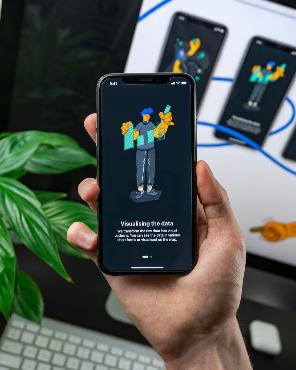 A smartphone showing an app onboarding screen about visualising data