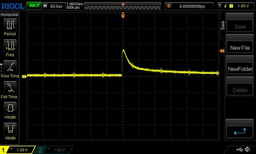 Raw pulses taken directly from the SiPM array anode (1 V/div, 50 µs/div). No amplification was applied.