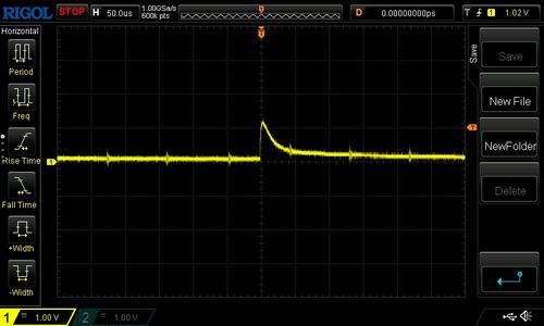 Raw pulses from the foil-covered detector with the enclosure open (1 V/div, 50 µs/div, trigger at 1.6 V). No amplification was applied.